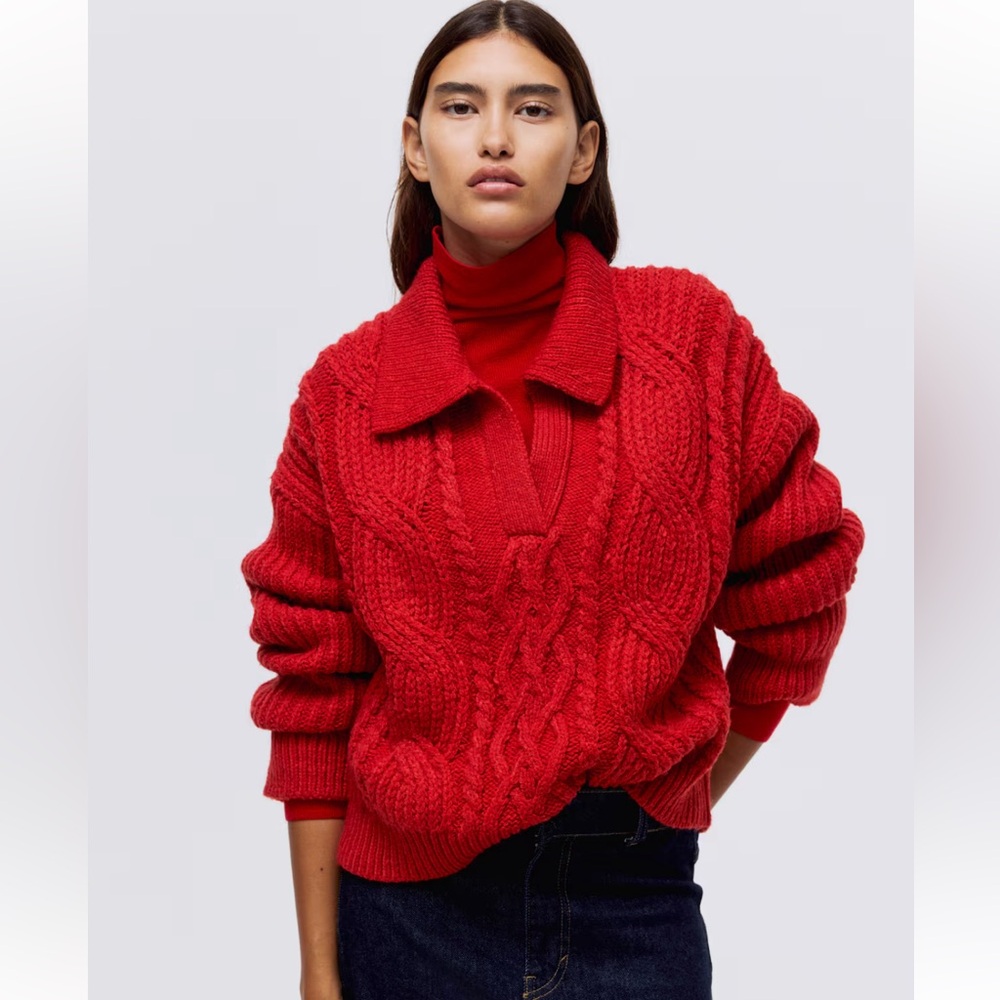 H&M Red Cable Knit Sweater XL Chunky Cozy Collared Pullover